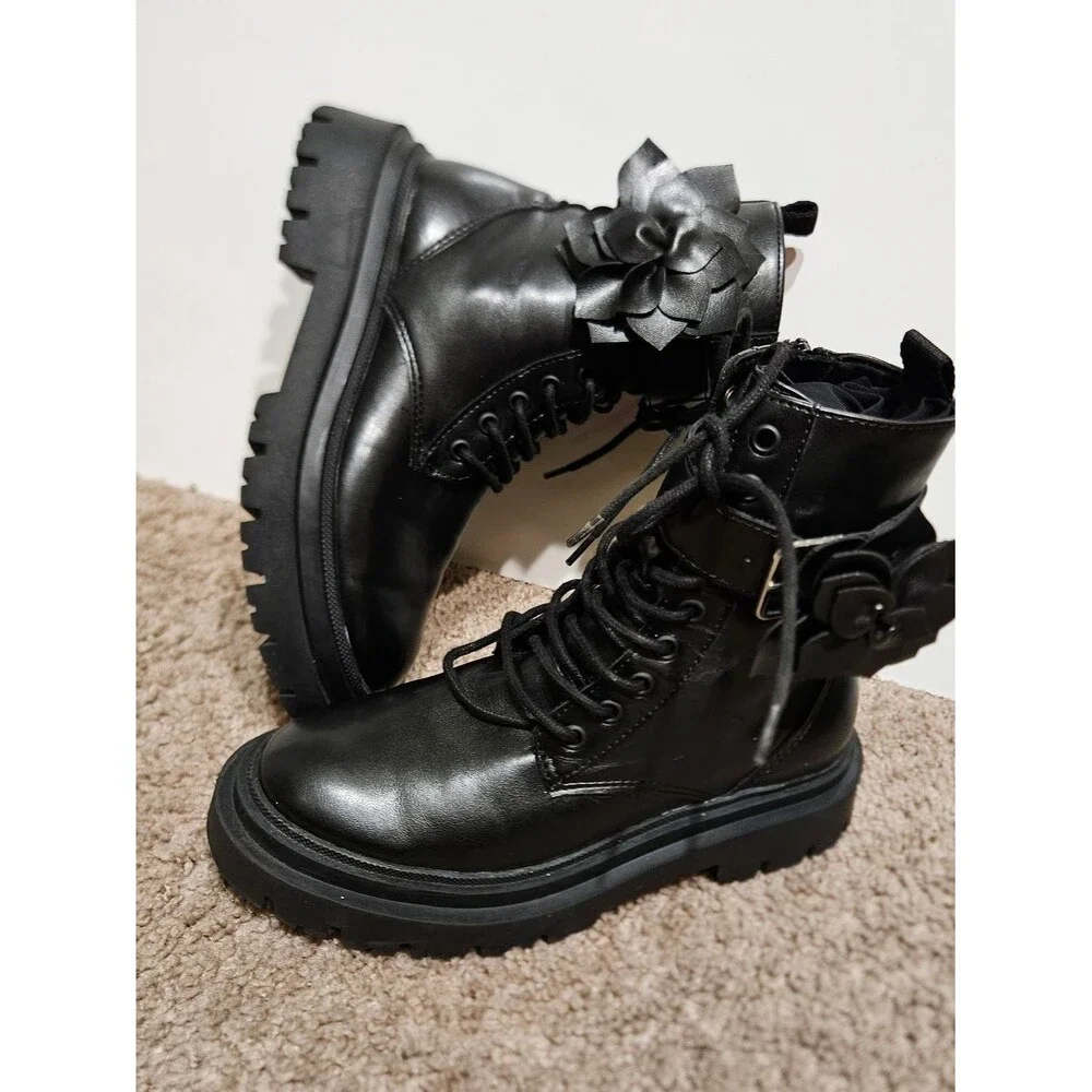 ZARA Girls Chunky Combat Boots Black | Floral Detail  | Trendy