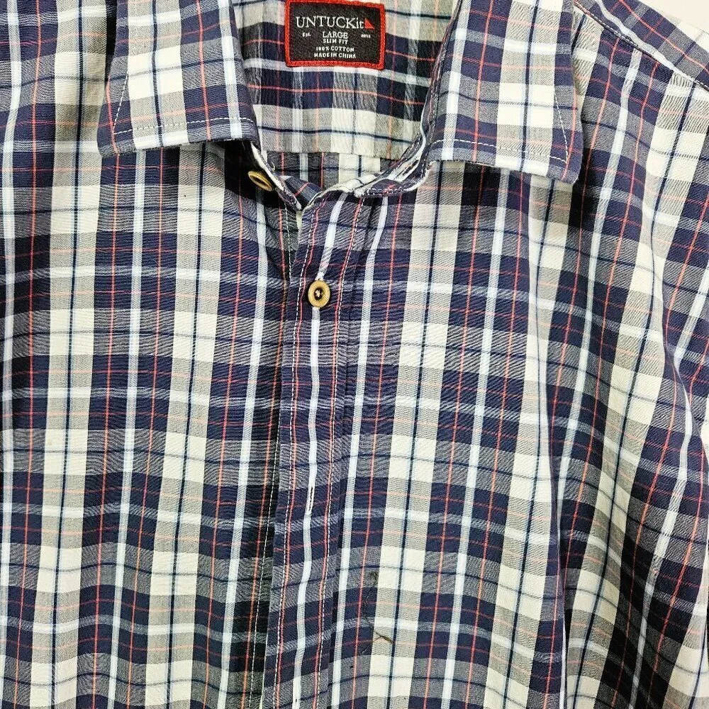 UNTUCKit Men's Slim Fit Blue Plaid Casual Preppy Long Sleeve Shirt Size Large